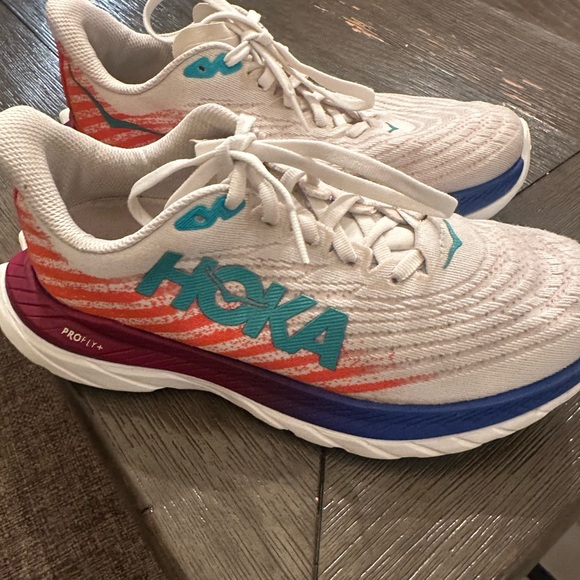 Hoka White and Orange Athletic Shoes with Blue Accents - Picture 6 of 8